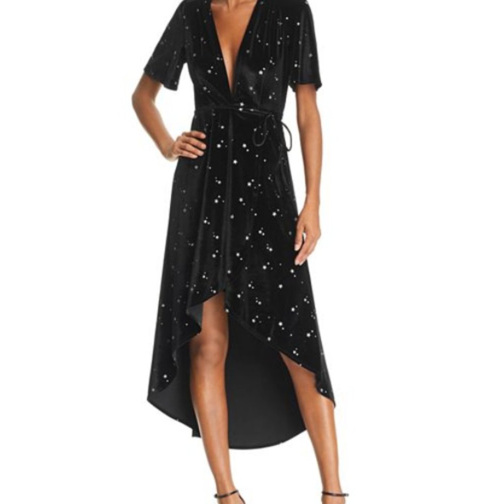 Bloomingdales NEW NWOT “re-named” black velvet stars wrap dress S